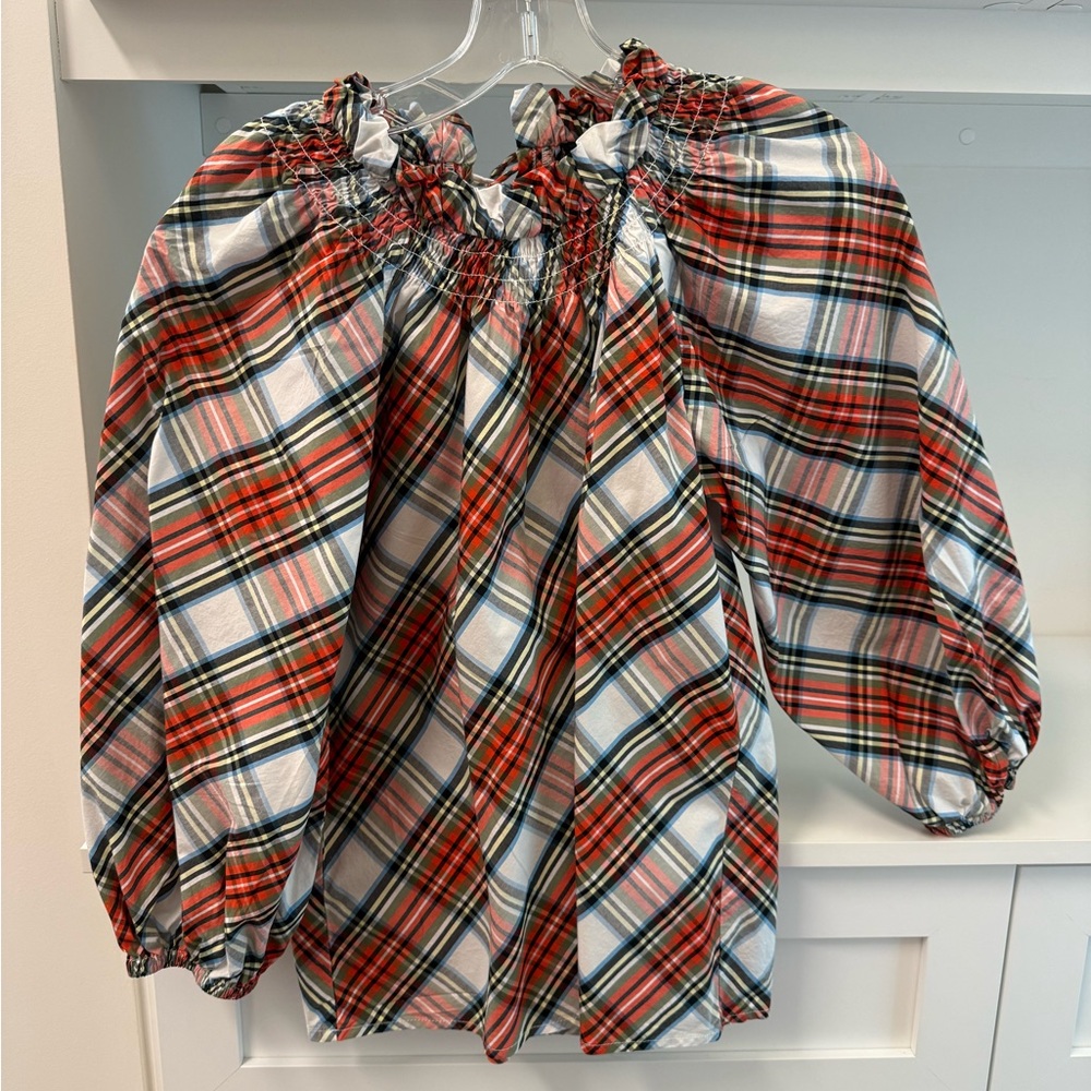 J. Crew Cotton Poplin Plaid Blouse with Puff Sleeves